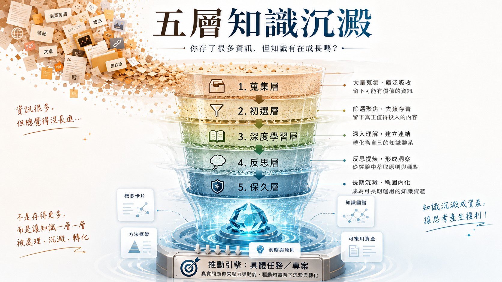 你存了很多資訊,但知識感覺沒有在成長:五層知識沉澱的設計邏輯(LLM Wiki 應用)